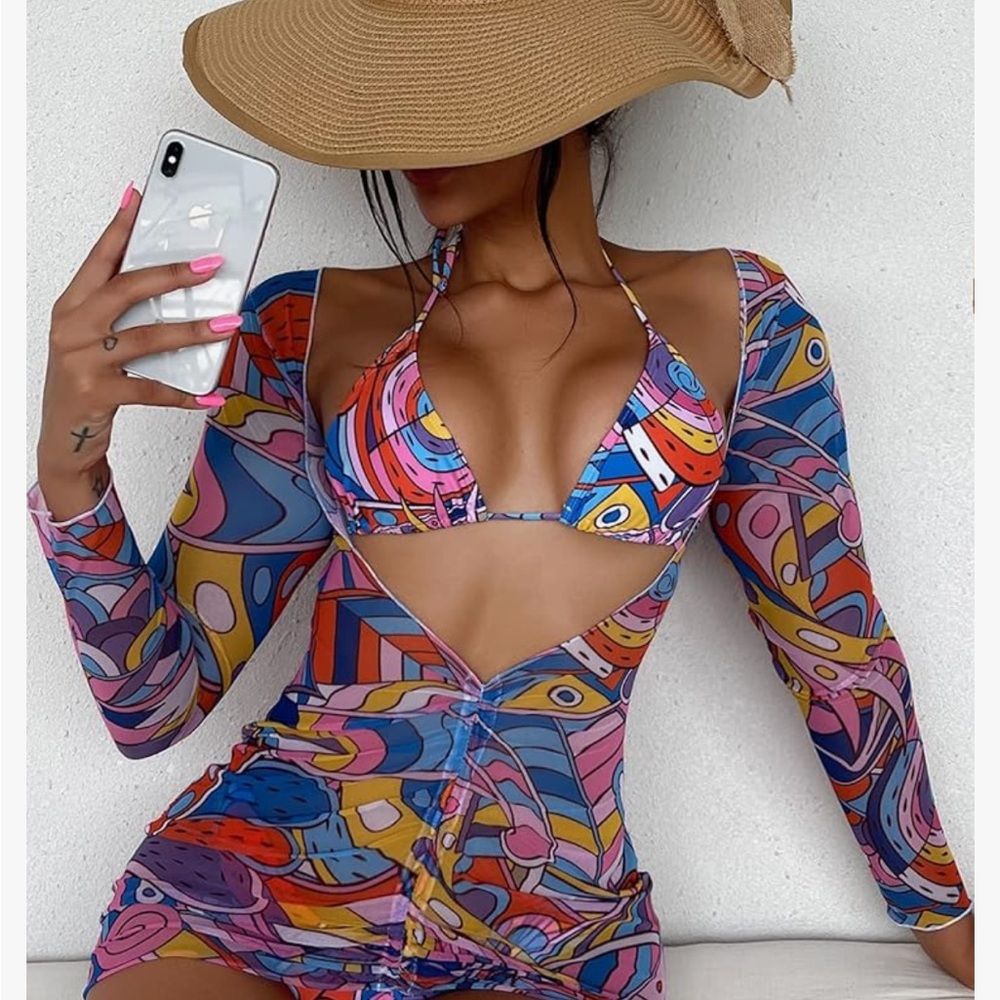 Ai’mage NWT L Multicolor (70’s print) 3-piece SEXY bikini set with cover-up